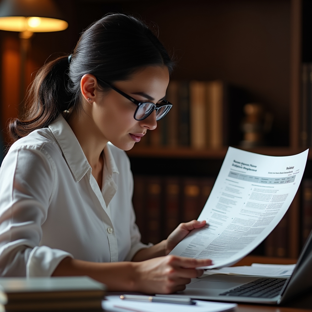 Documenti normativi e file digitali su schermo in un ufficio di settore regolamentato