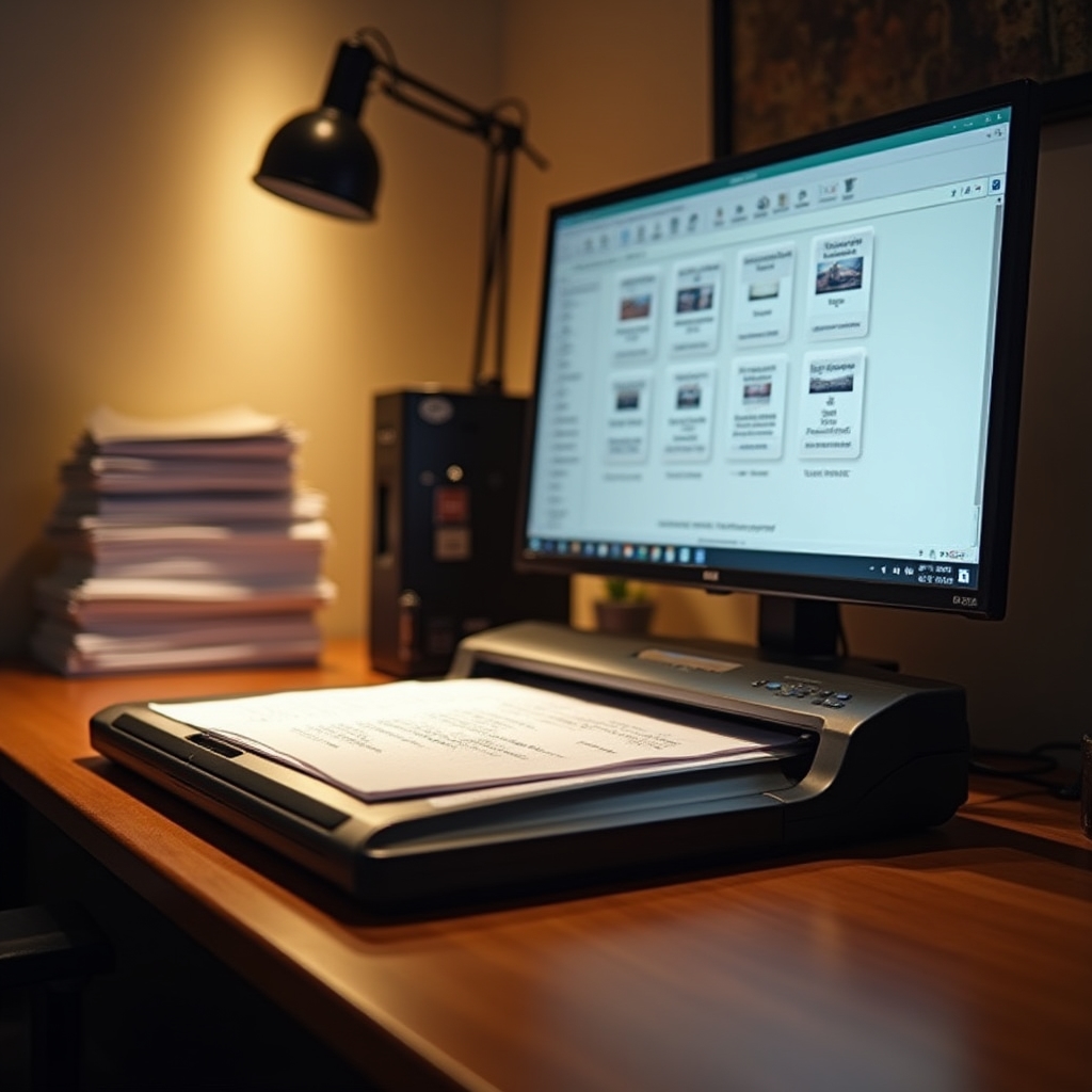 Postazione di scansione documenti con scanner professionale e monitor che mostra file digitali organizzati