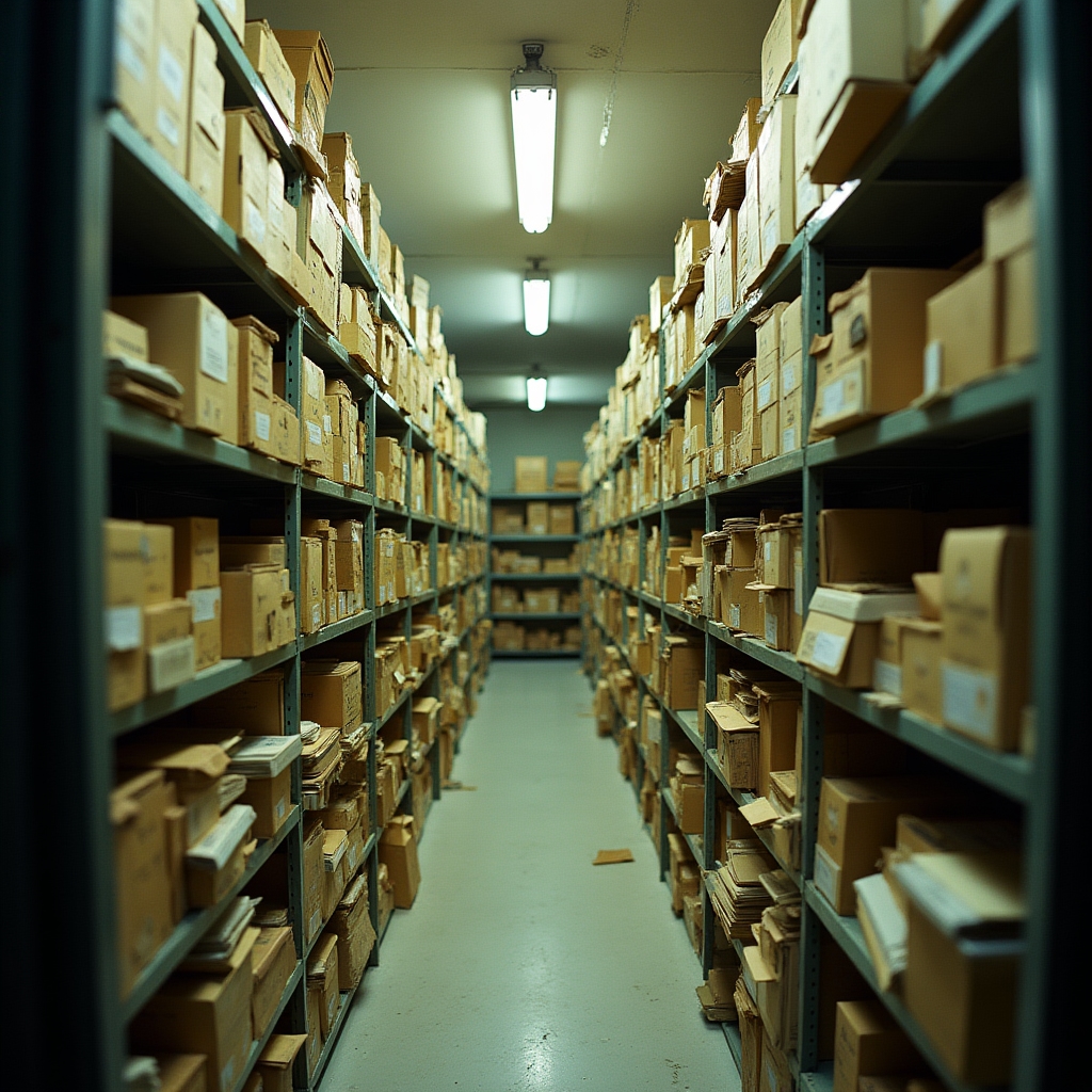 Archivio cartaceo tradizionale con scaffali pieni di faldoni in un ufficio italiano prima della digitalizzazione