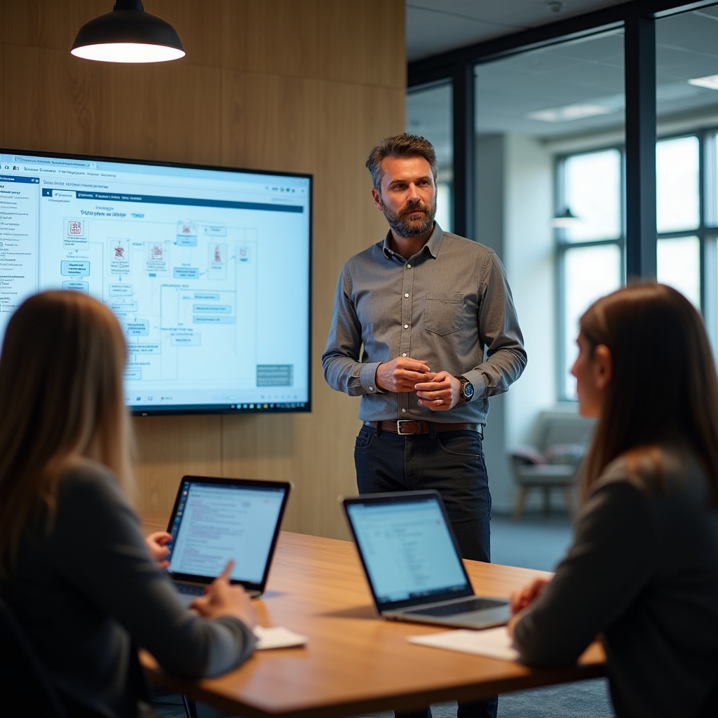 Sessione di formazione del personale sui nuovi flussi di lavoro digitali con schermo e materiali didattici